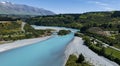 The Rakaia River lagoon Valley as green field againts with blue sky