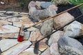 A rake and broom used on patio stones