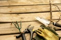 Many garden tools on wood