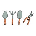 rake, pruner and shovel set hand drawn in doodle style. vector, minimalism, scandinavian, cartoon. collection of garden Royalty Free Stock Photo