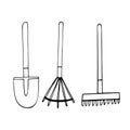 rake and shovel set hand drawn doodle. vector, minimalism, scandinavian, monochrome, nordic. collection of garden tools Royalty Free Stock Photo