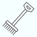 Raker thin line icon. Gardening tool for rake up leaves. Autumn season vector design concept, outline style pictogram on