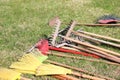 Rakes, shovels, brooms and brushes, household inventory for cleaning, arrangement of territory, digging of the earth lie on the gr