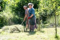 Raking the grass into a pile. Farm chores, working on a field and raking the grass Royalty Free Stock Photo