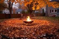 raking leaves around a cozy backyard fire pit