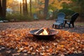 raking leaves around a cozy backyard fire pit