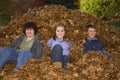 Raking Leaves Three Teens Sitting in Leaf Pile Royalty Free Stock Photo