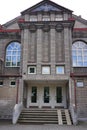 Rakovnik, Czech Republic - July 2, 2022 - modernist building from 1914 with a facade of white unplastered brick - Sokolovna