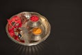 Raksha bandhan raakhi or rakhi with pooja plate a traditional Hindu festival or ceremony on black background