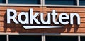 Rakuten sign, logo atop of Silicon Valley office of Japanese electronic commerce and Internet company based in Tokyo - San Mateo,