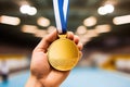 Rale Hand Holding Gold Medal In Sports Setting