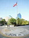 Raleigh, NC - USA - 7-21-2023: View of downtown Raleigh from the legislative building with the North Carolina state seal in Royalty Free Stock Photo