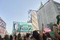 Rally defending the legal abortion. Women raising symbolic green handkerchiefs