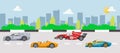 Rally and karting racing speed cars vector illustration on cityscape. Race sport road with speed fast karting