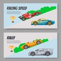 Rally and karting racing speed cars vector illustration two banners set. Race sport pictures of speed fast karting Royalty Free Stock Photo