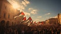 Rally protesters at the Free Palestine. Israel Palestine conflict. Flag pro-palestine demonstrators