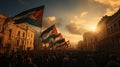 Rally protesters at the Free Palestine. Israel Palestine conflict. Flag pro-palestine demonstrators