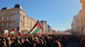 Rally protesters at the Free Palestine. Israel Palestine conflict. Flag pro-palestine demonstrators