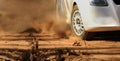 Rally race car drifting on dirt track