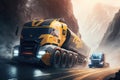rally race between futuristic trucks on dangerous mountain roads