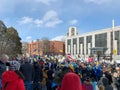 Rally in support of Ukraine against war. Protest and march against Russian invasion.