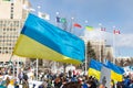 Rally in support of Ukraine against war. Protest and march against Russian invasion. Ukrainian flags in Ottawa, Canada