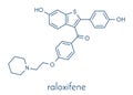Raloxifene osteoporosis drug molecule. Used in treatment and prevention of osteoporosis in postmenopausal women. Also used to. Royalty Free Stock Photo