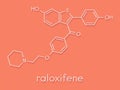 Raloxifene osteoporosis drug molecule. Used in treatment and prevention of osteoporosis in postmenopausal women. Also used to. Royalty Free Stock Photo