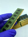 RAM chip kept on gloved hand against a stack of RAM chips closeup isolated on white background Royalty Free Stock Photo