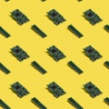 RAM Computer Memory Chip Module and Microcircuit seamless pattern on yellow background. Royalty Free Stock Photo
