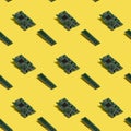 RAM Computer Memory Chip Module and Microcircuit seamless pattern on yellow background. Royalty Free Stock Photo