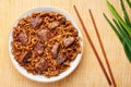 Ram-Don or Chapaguri noodles with beef steak in white bowl. Jjapaguri is a popular south korean dish Royalty Free Stock Photo