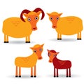 Ram, ewe and lamb. Set of funny animals with cubs on white background. vector