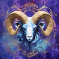 Ram head with horns on grunge background. Aries zodiac sign, astrological horoscope calendar, Ram esoteric on magical purple