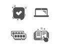 Ram, Laptop and Confirmed icons. Technical documentation sign. Vector Royalty Free Stock Photo