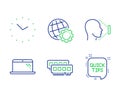 Ram, Laptop and Time icons set. Globe, Face id and Quick tips signs. Random-access memory, Computer, Clock. Vector Royalty Free Stock Photo