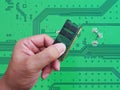 RAM (Random access memory) computer in hand on printed green com