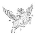 Ram Sheep with Wings Flying in Night Sky Symbol of the Golden Fleece Comics Style Drawing Royalty Free Stock Photo