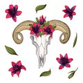 Ram skull western mystical, print lily flowers. Deer bohemian head, western vintage animal.