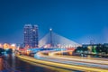 Rama8 Bridge and Pinklao Bridge with boat light tails , Chao Phraya river