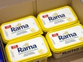 Rama margarine tubs in retail packaging displayed in cardboard box Royalty Free Stock Photo