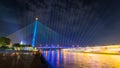 Rama VIII Bridge or praram 8 bridge connecting the city across the Chao Phraya River. in thailand at twilight and laser light show Royalty Free Stock Photo