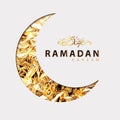 Ramadan vector illustration with golden Arabic calligraphy text of Ramadan Kareem, gold foil shining crescent on white background.