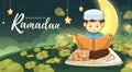 Ramadan Kareem Design with Cute Boy Reading Holy Koran with Cute Cat Beside Him