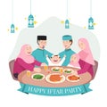 Happy Moslem family eating Iftar together in ramadan month