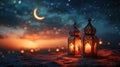 Ramadan ambiance with glowing lanterns, crescent moons, and starry brilliance with copy space