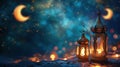 Ramadan ambiance with glowing lanterns, crescent moons, and starry brilliance with copy space