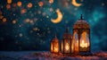 Ramadan ambiance with glowing lanterns, crescent moons, and starry brilliance with copy space
