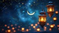 Ramadan ambiance with glowing lanterns, crescent moons, and starry brilliance with copy space