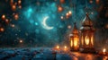 Ramadan ambiance with glowing lanterns, crescent moons, and starry brilliance with copy space